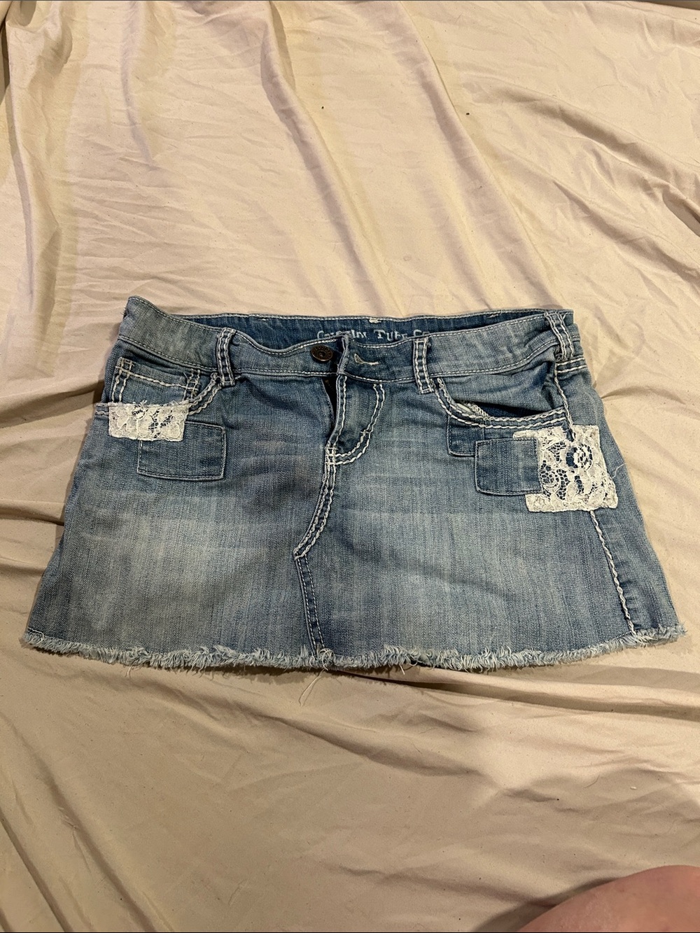 Cowgirl Tuff Light Blue Denim Mini Skirt with Lace Patches